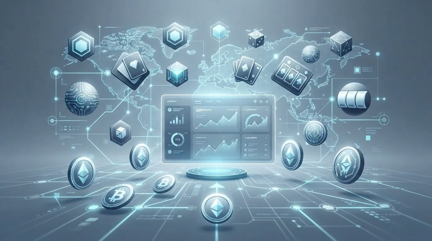 Abstract crypto casino scene with digital tokens, game tiles and network paths
