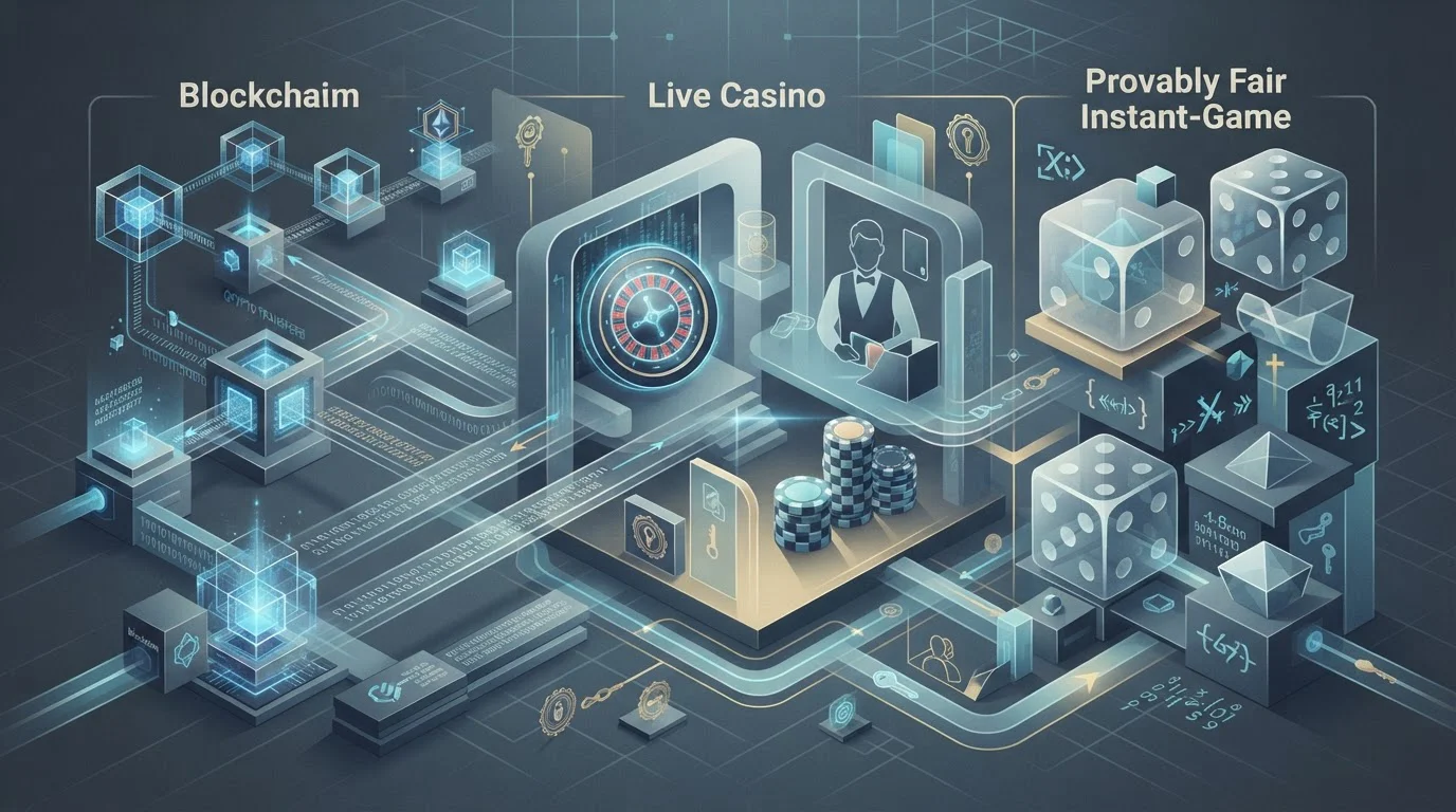 Editorial illustration of crypto network paths connecting live games and provably fair game mechanics