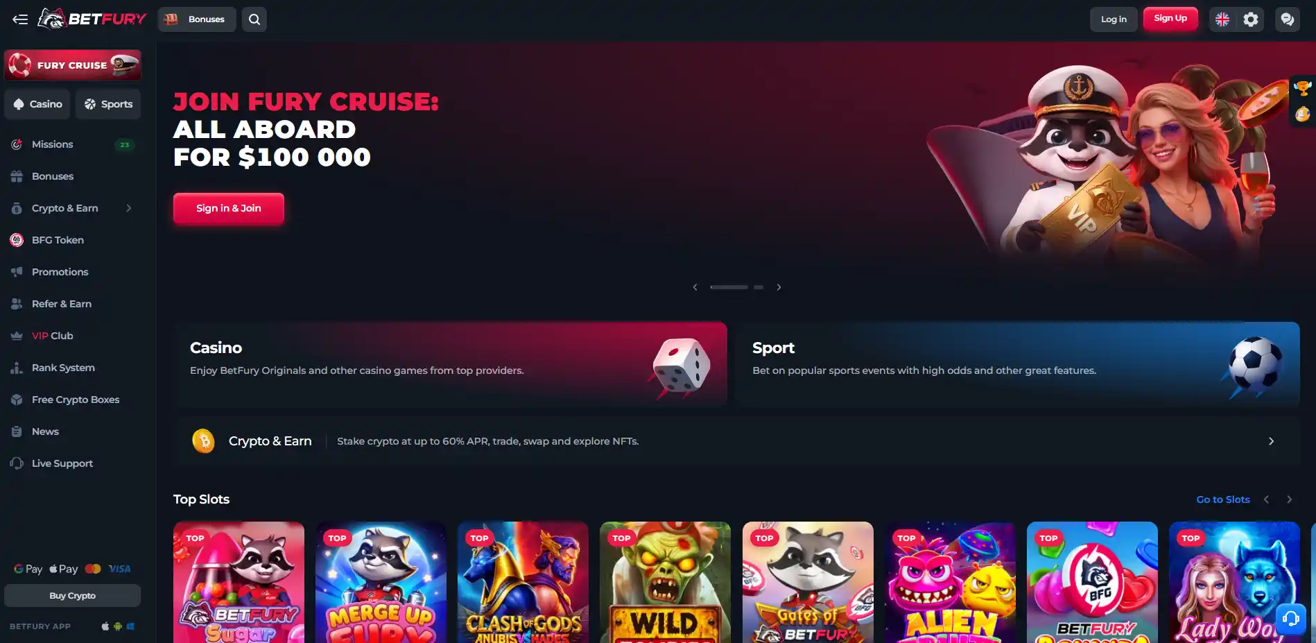 BetFury homepage with casino navigation and crypto-oriented interface