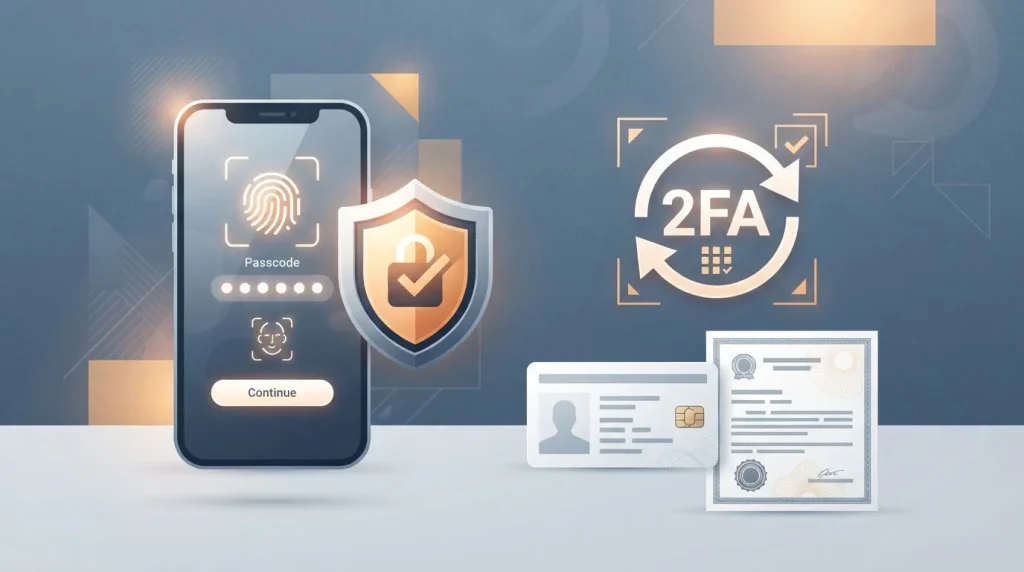 Crypto casino account security with a phone, shield and verification symbols