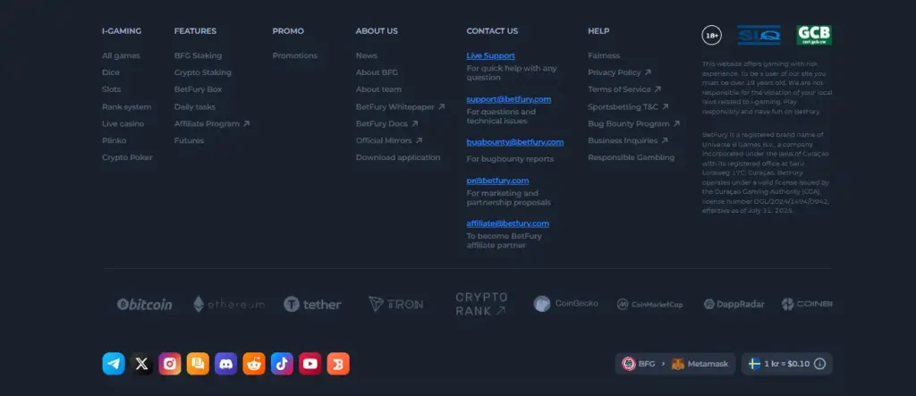 BetFury public operator and licensing information on a web page
