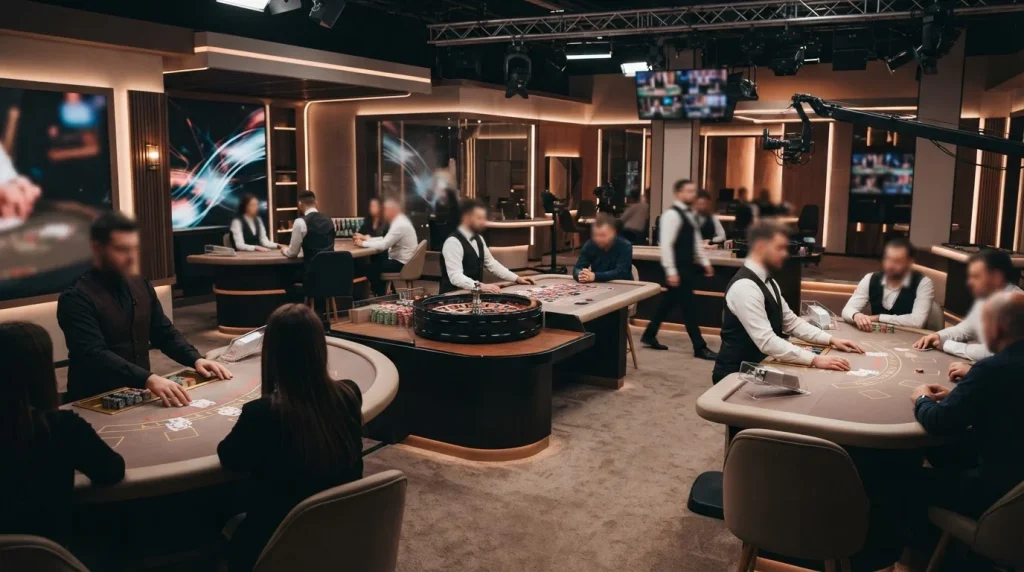 Live casino studio tables with dealer stations and game-show lighting