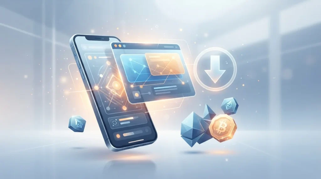 Smartphone showing an abstract crypto casino interface beside a browser installation symbol