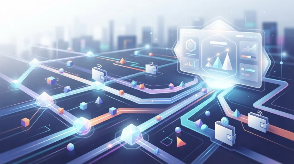 Crypto assets moving through several blockchain network paths