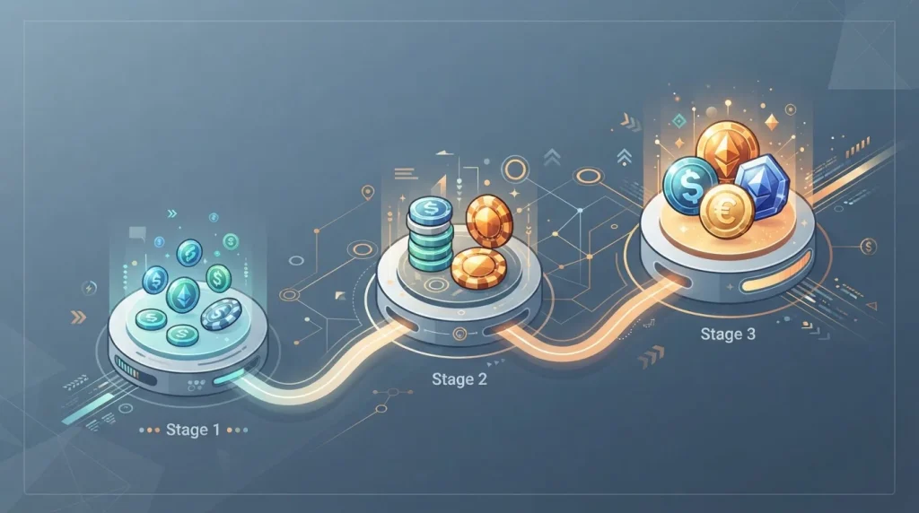 Three connected reward stages represented by abstract tokens and progress markers