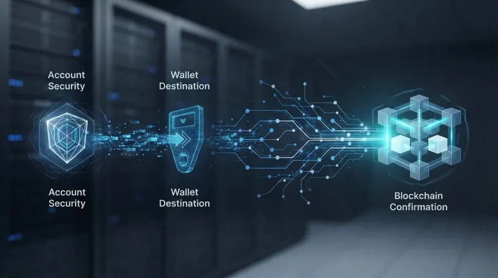 Crypto withdrawal flow from account security to blockchain confirmation